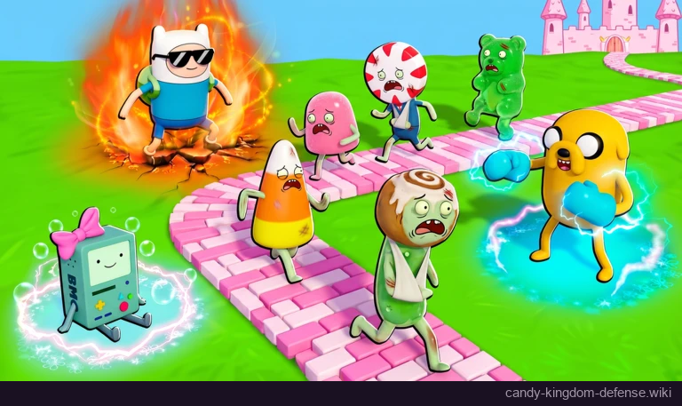 Finn, Jake and BMO defending a pink candy path against candy enemies