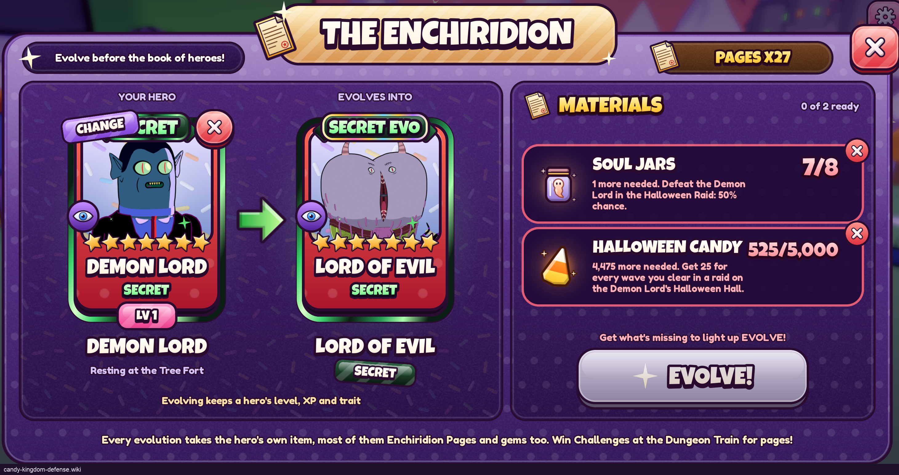 Painel de evolução Demon Lord com requisitos Soul Jar e Halloween Candy