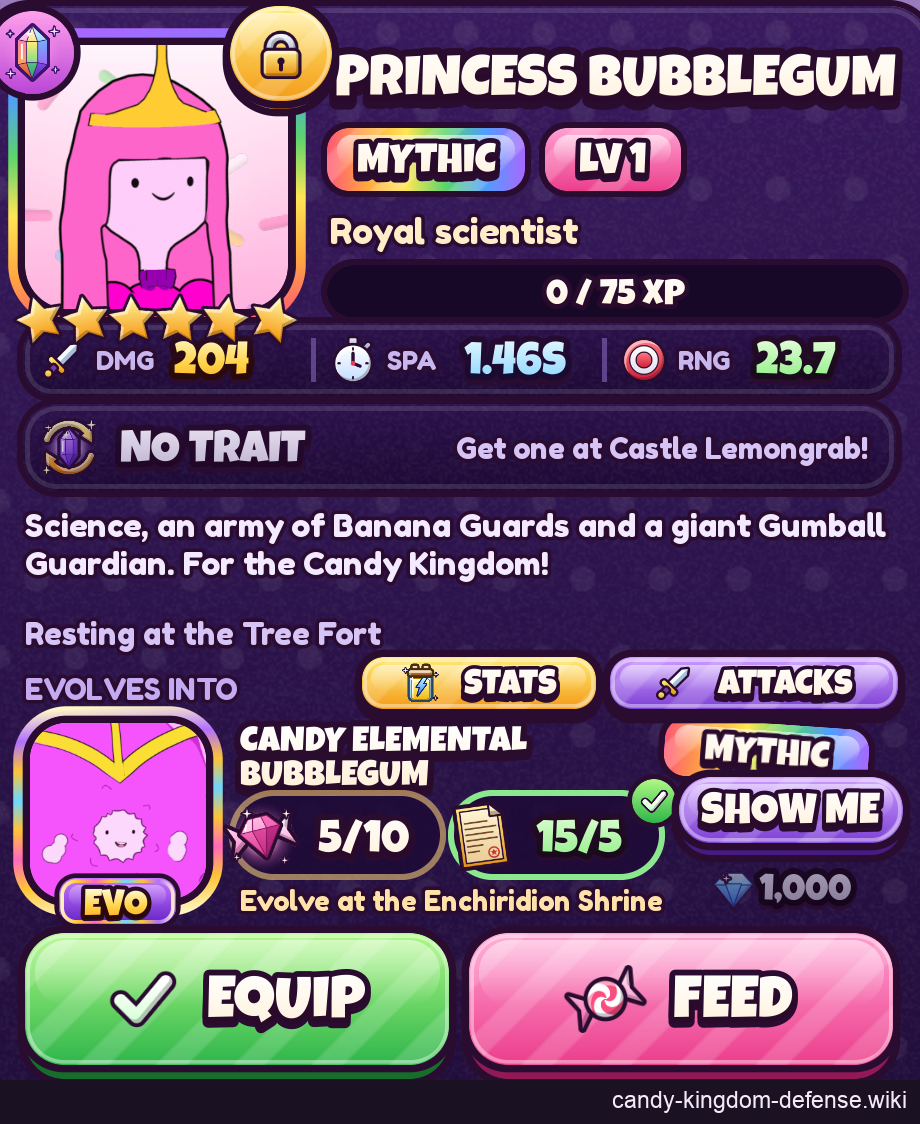 Princess Bubblegum Lv1 NO TRAIT profile and evolution requirements