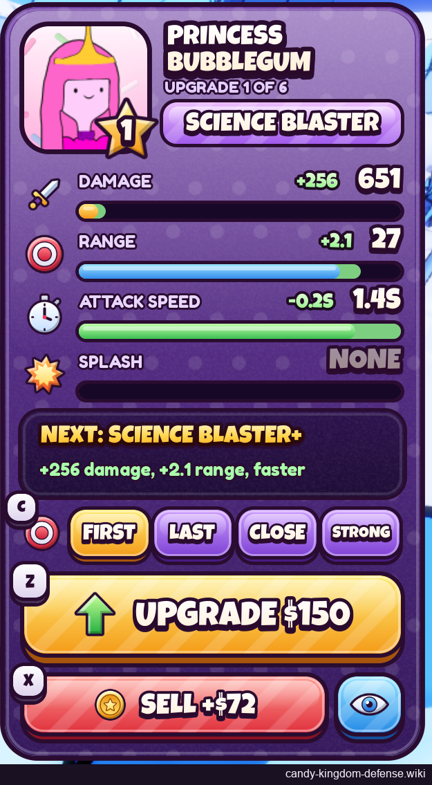 Bubblegum stage 1: current stats, next-upgrade preview and cost