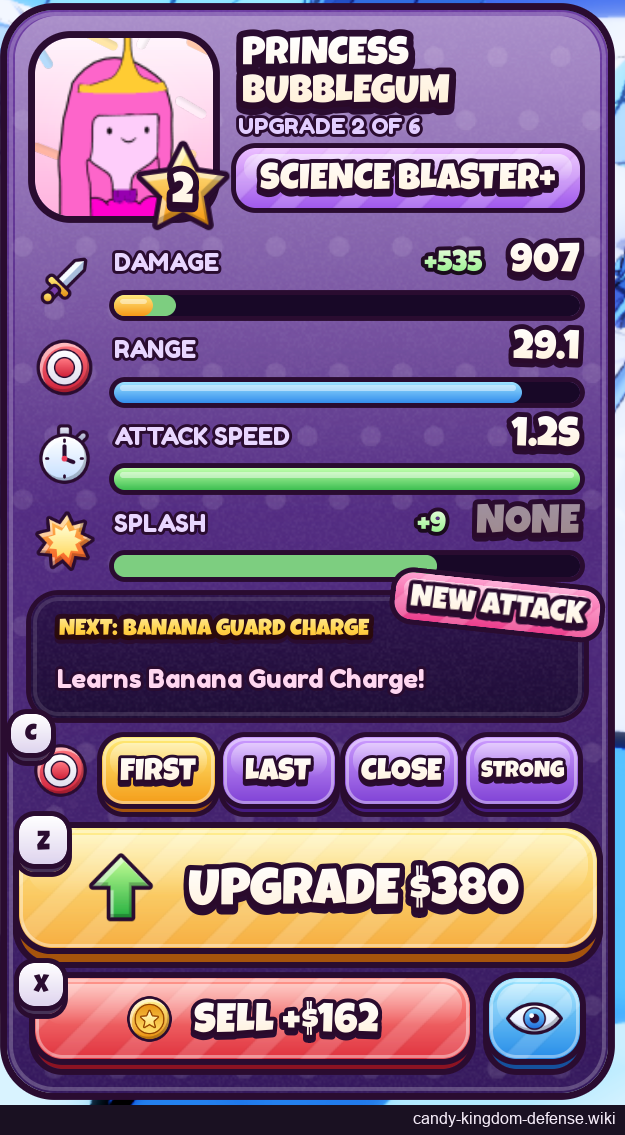 Bubblegum stage 2: current stats, next-upgrade preview and cost