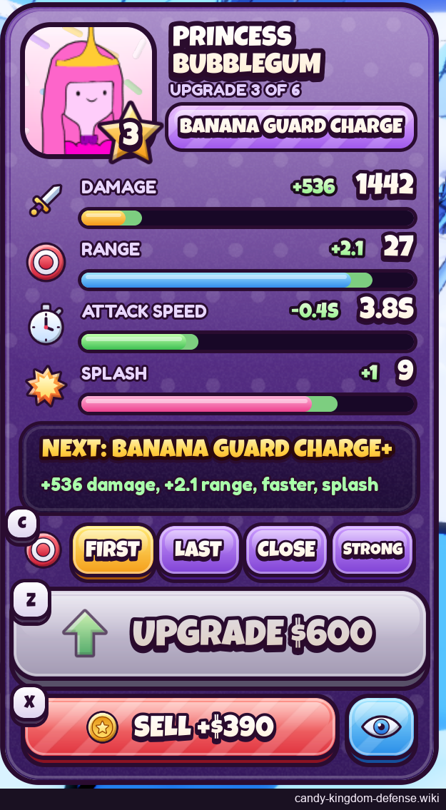 Bubblegum stage 3: current stats, next-upgrade preview and cost
