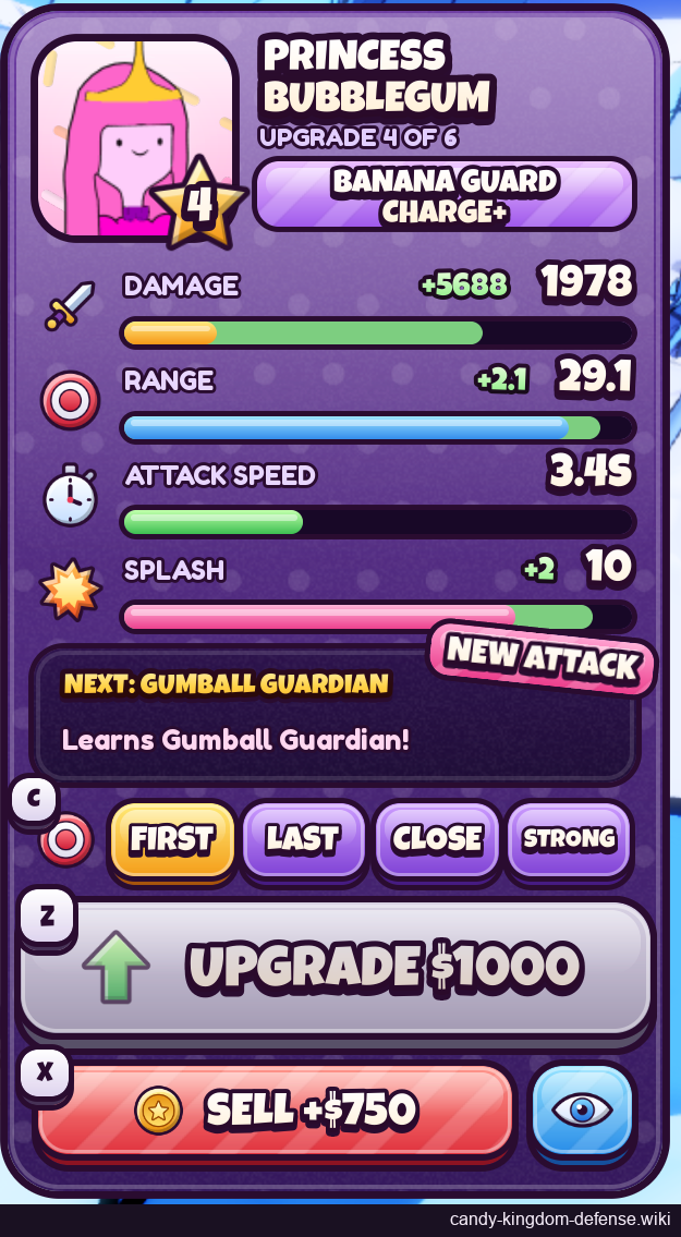 Bubblegum stage 4: current stats, next-upgrade preview and cost