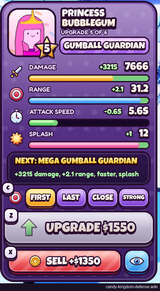 Bubblegum stage 5: current stats, next-upgrade preview and cost