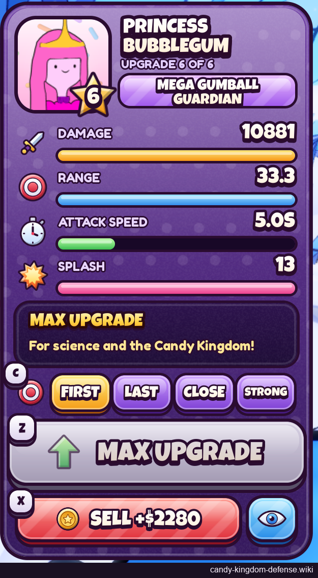 Bubblegum stage 6: current stats, next-upgrade preview and cost