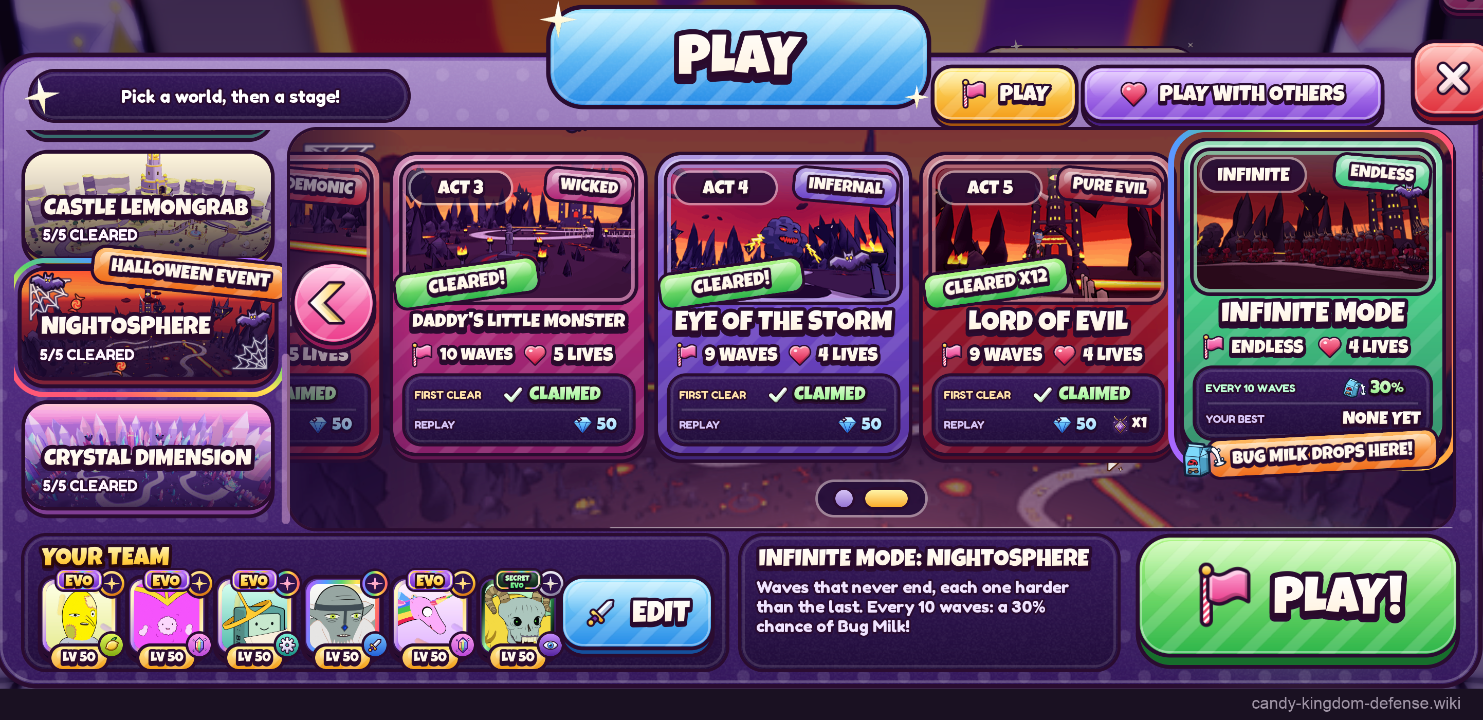 การเลือก Nightosphere Infinite แสดง Bug Milk, 30% ทุกสิบคลื่น, ENDLESS และสี่ชีวิต