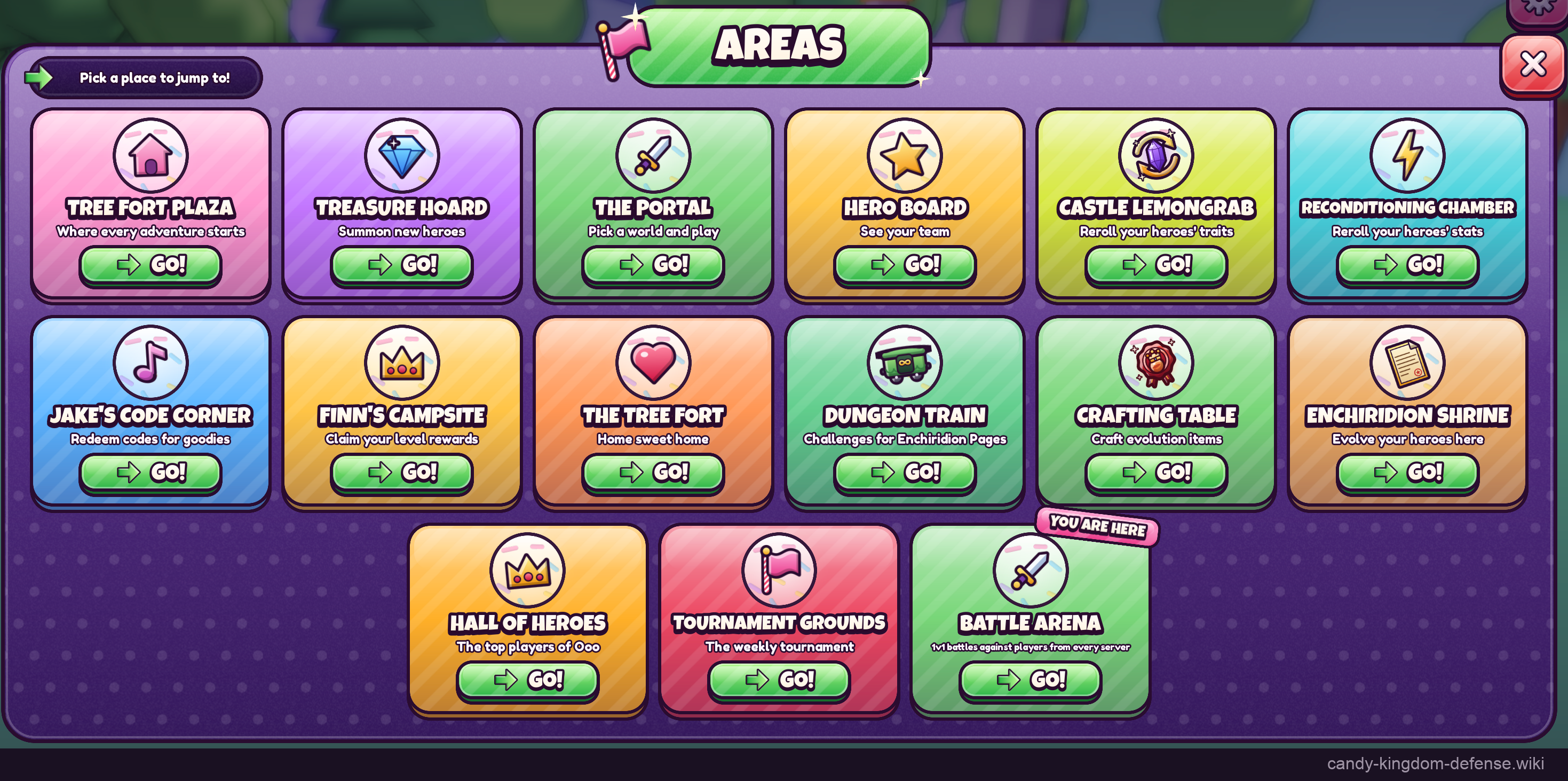 Areas fast-travel menu with Battle Arena marked as the current location