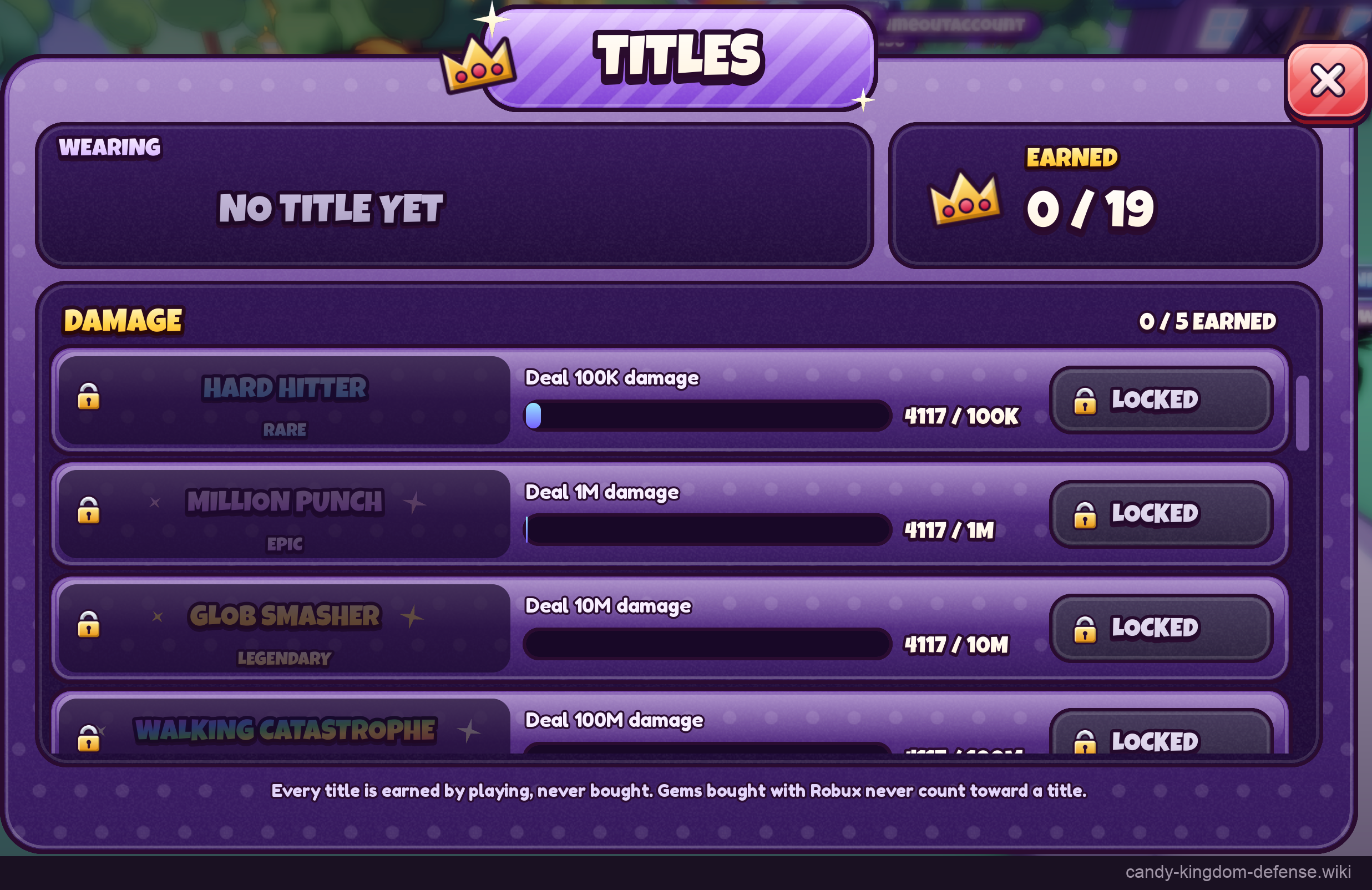 Titles menu showing cumulative damage milestones from 100K to 100M