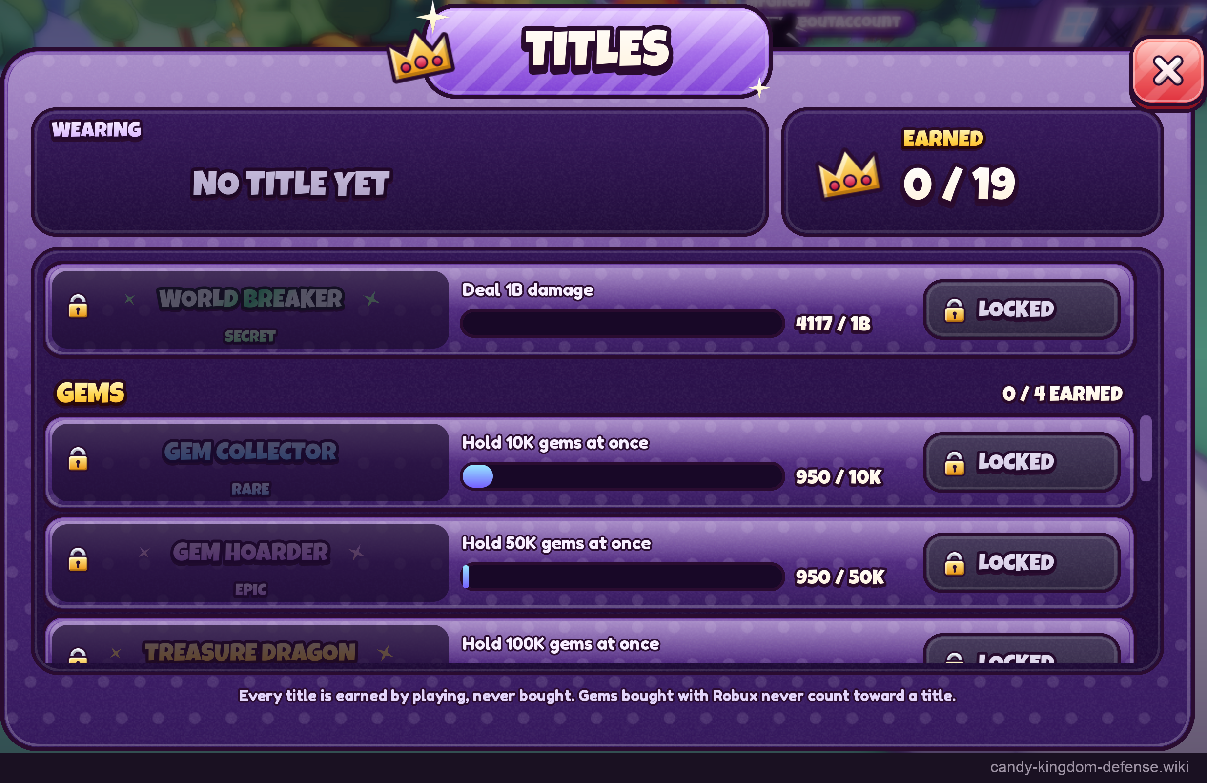 World Breaker damage title and held-Gem title requirements