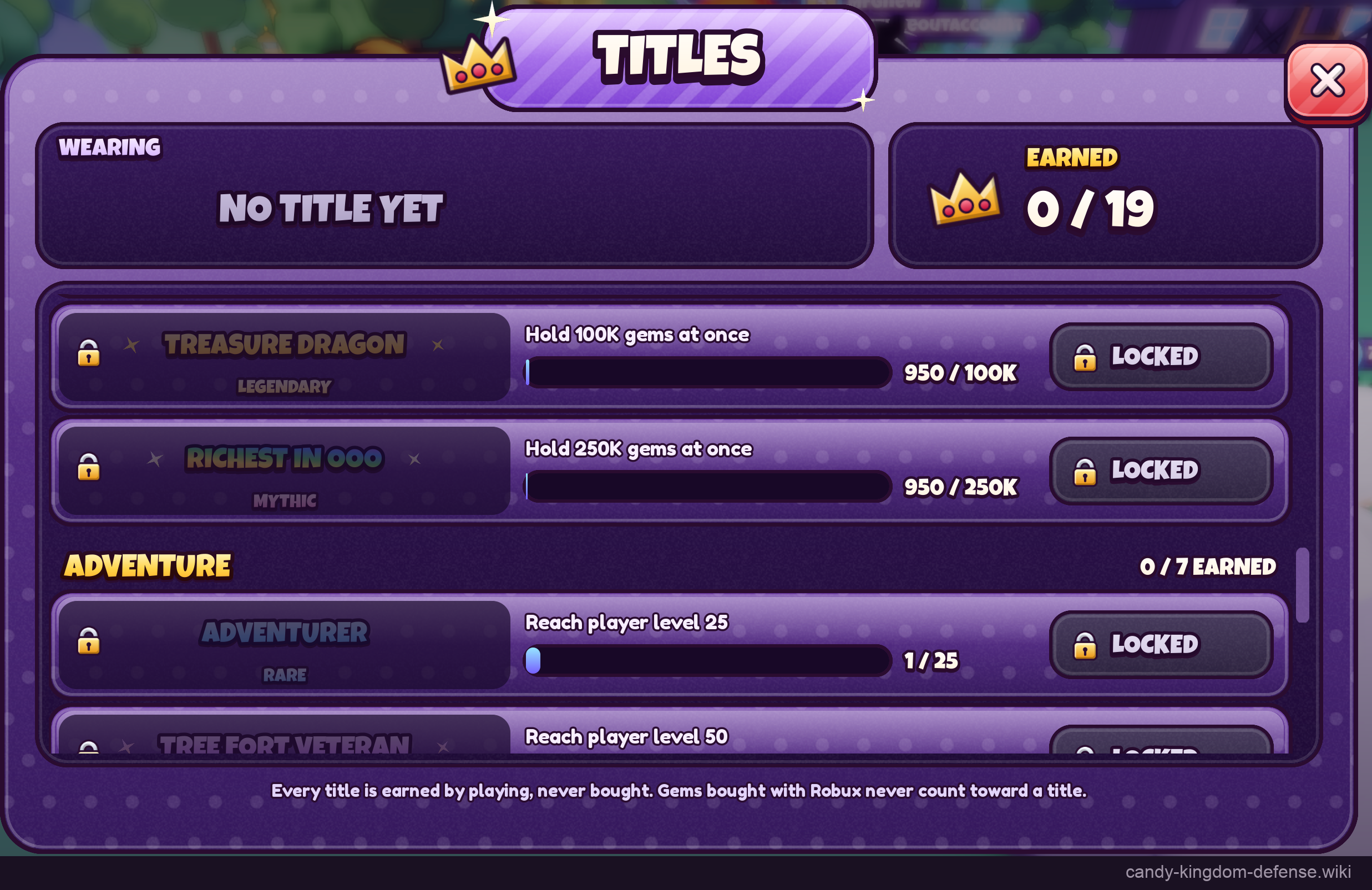 Gem holding and player-level title requirements in the Titles menu