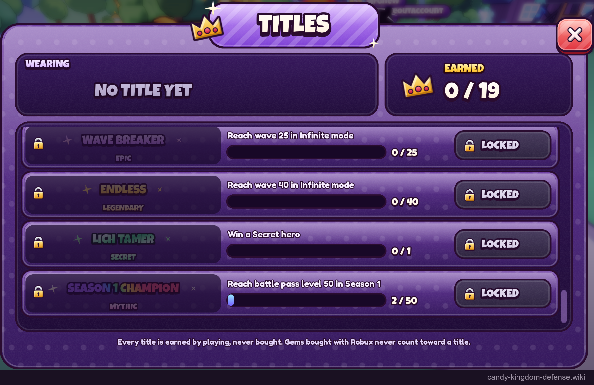 Titles menu showing Secret hero and Season 1 battle pass objectives