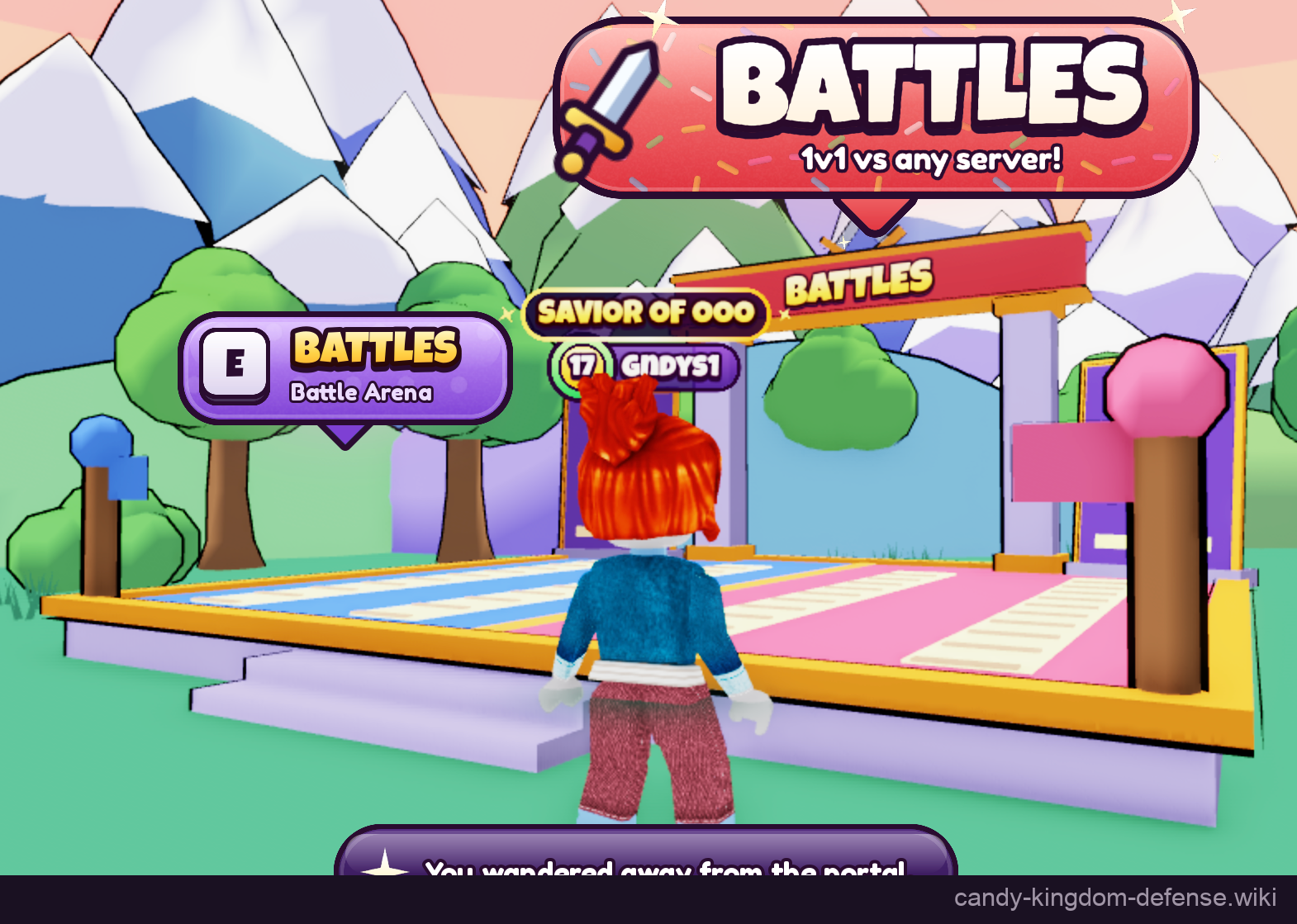 Battle Arena entrance with BATTLES sign and desktop E interaction prompt
