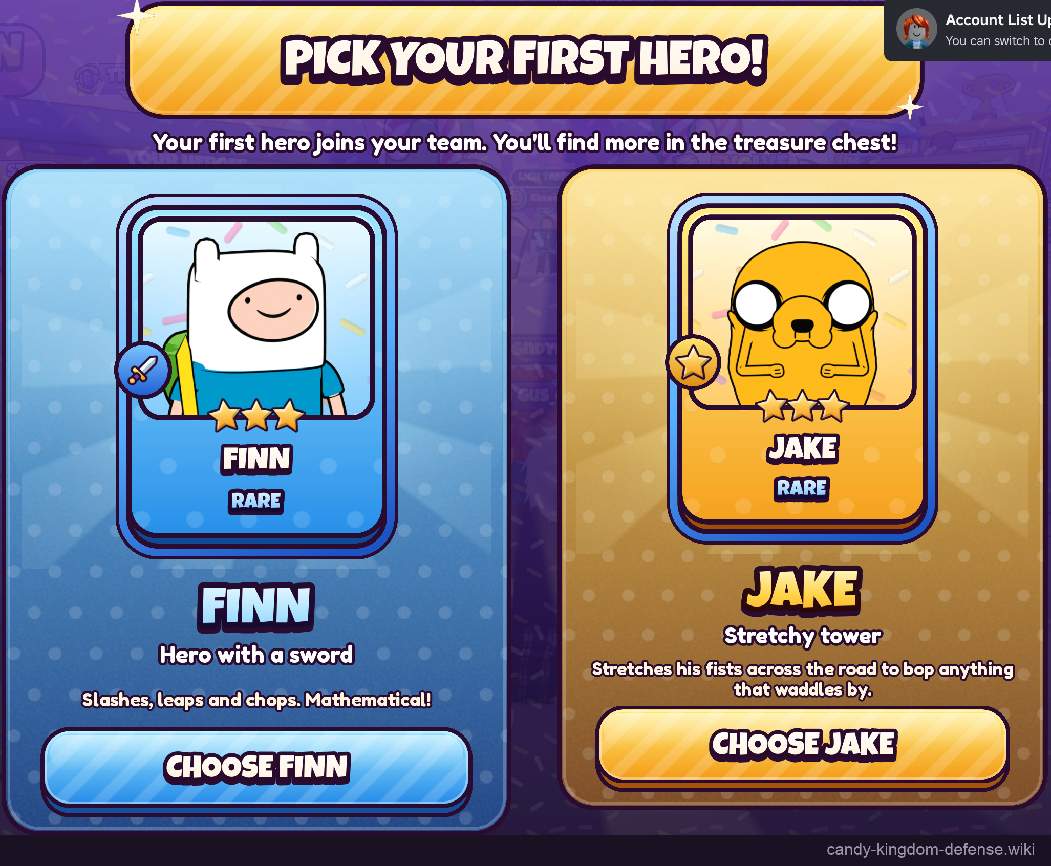 Finn and Jake in the starting hero selection screen