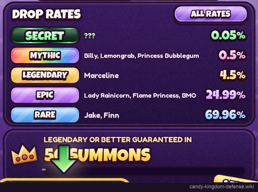 Summoning interface with rarity rates